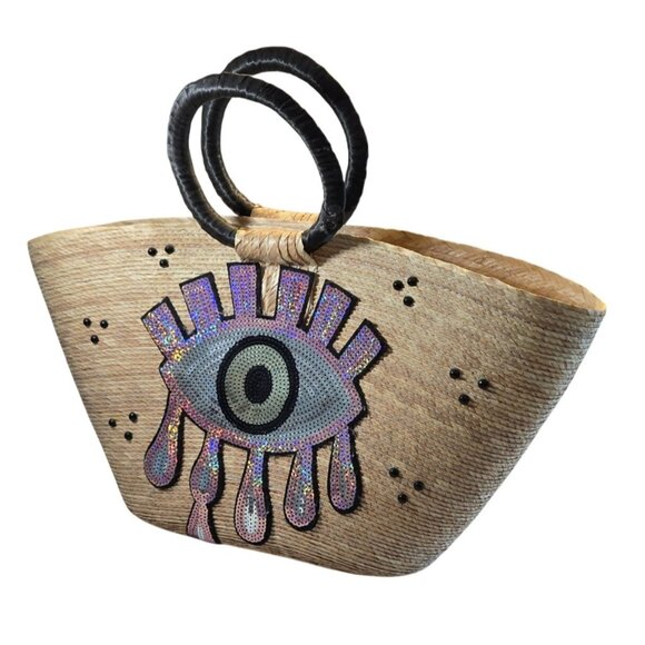 Vintage Handcrafted Straw "Evil Eye" Purple Sequin Beach Tote Purs - Picture 1 of 16